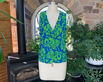 vintage gilet réversible en coton floral abstrait bleu et vert Florida Sunwear Miami, gilet en tissu hawaïen