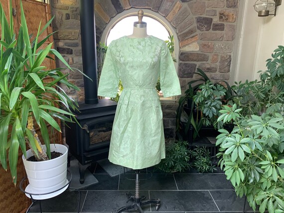 Vintage 1960s Green Floral Satin Brocade Dress, V… - image 1