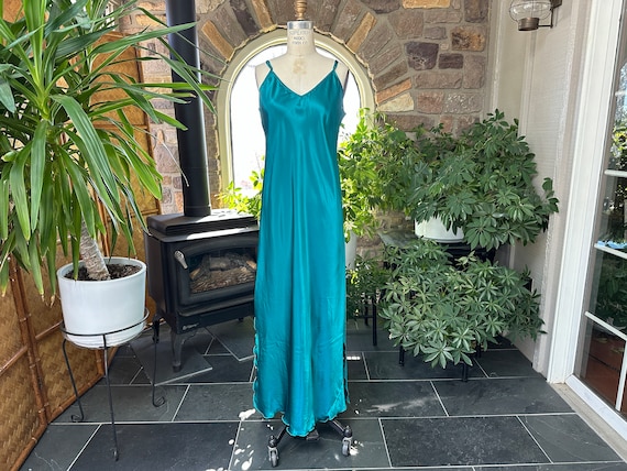 Vintage 1980s Teal Blue Satin Polyester Spaghetti… - image 2