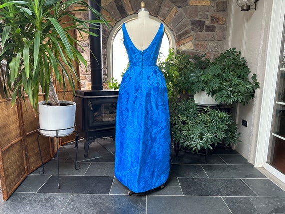 Vintage 1950s Royal Blue Satin Brocade Evening Dr… - image 7