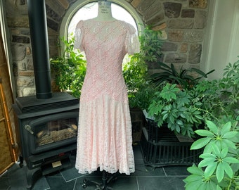 Vintage 1970s Pink Lace Soutache Ribbon and Sequin Formal Asymmetrical Hem Dress, Vintage Pink Prom Dress, Vintage Pretty in Pink Dress