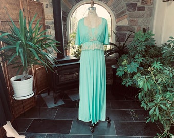 Vintage 1970s Mint Green Knit Lace Maxi Dress, Vintage Seventies Knit with Lace Trimmed Jacket Formal Dress, Bridesmaid Dress