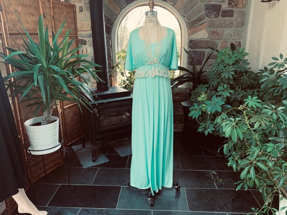 Vintage 1970s Mint Green Knit Lace Maxi Dress, Vi… - image 1