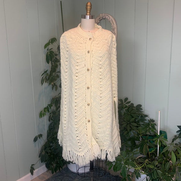 Vintage 1970s Ivory Crocheted Button Front Knee Length Shawl Cape, Vintage Creamy Yellowish Ivory Crocheted Wedding Shawl