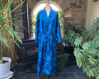 Vintage Gender Neutral Blue Embossed Satin Rayon Belted Wrap Robe Kimono Style