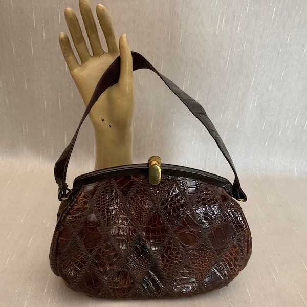 Vintage 1940s Brown Textured Leather Handbag Purse, Forties Patchwork Alligator Handbag, Leather Alligator Pocketbook, Vintage Fashion Purse