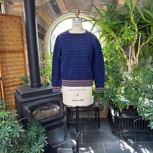 May include: A navy blue sweater with a geometric pattern in teal and pink. The sweater has a crew neck and a striped hemline. The garment is displayed on a mannequin. The mannequin is labeled "COLLAPSIBLE 6 MODEL 2008".