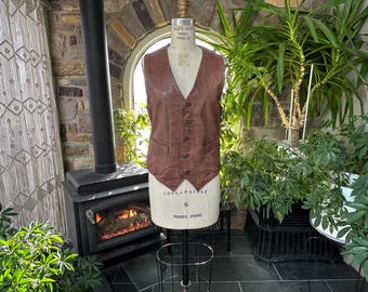 Vintage Gender Neutral Brown Leather Vest Metal Buttons Juke's