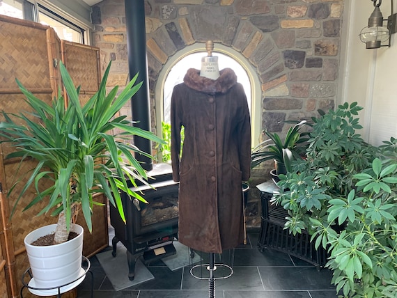 Vintage 1960s Dark Brown Suede Coat with Mink Coll