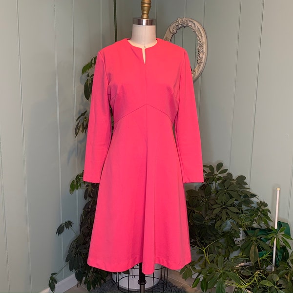 Vintage 1970s Bright Pink Double Knit Long Sleeve Dress Puritan Forever Young, Vintage Barbiecore Seventies Clothing