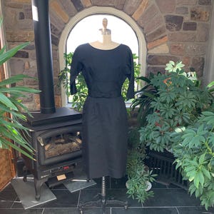 Vintage 1960s Black Silk Bow Belt Dress Nelson-Caine, Vintage Little Black Dress, Vintage Party Dress, Vintage Black Cocktail Dress