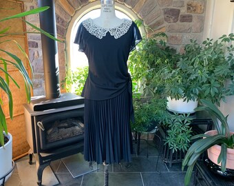 Vintage 1970s Does 1940s Black Crepe Dress with Ivory Lace Collar