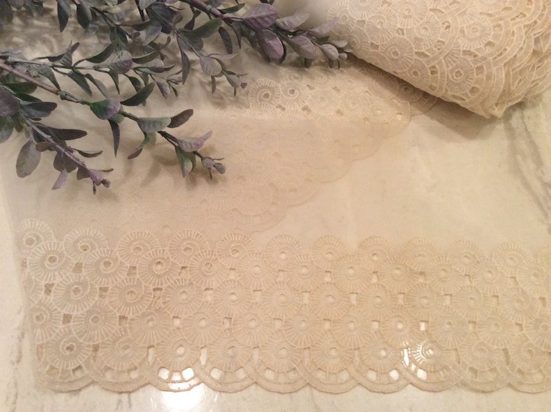 Vintage Craft Supplies Vintage Lace Vintage Wide Ivory Nylon Lace with Swirl Embroidery- Scalloped Edge Lace Vintage Sewing Supplies