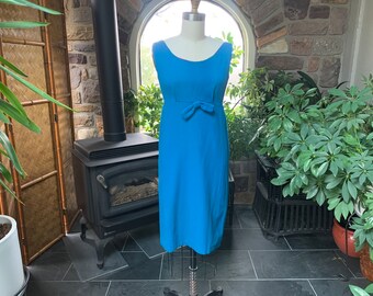 Vintage 1960s Blue Wool Sleeveless Empire Waist Dress Colorful Lining Wounded Bird, Vintage Handmade Sixties Dress