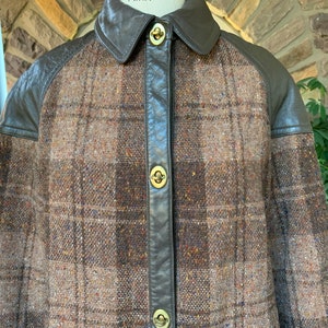 Vintage 1970s Donegal Wool Tweed Brown Plaid and Faux Leather Plaid Coat Made in Ireland image 2