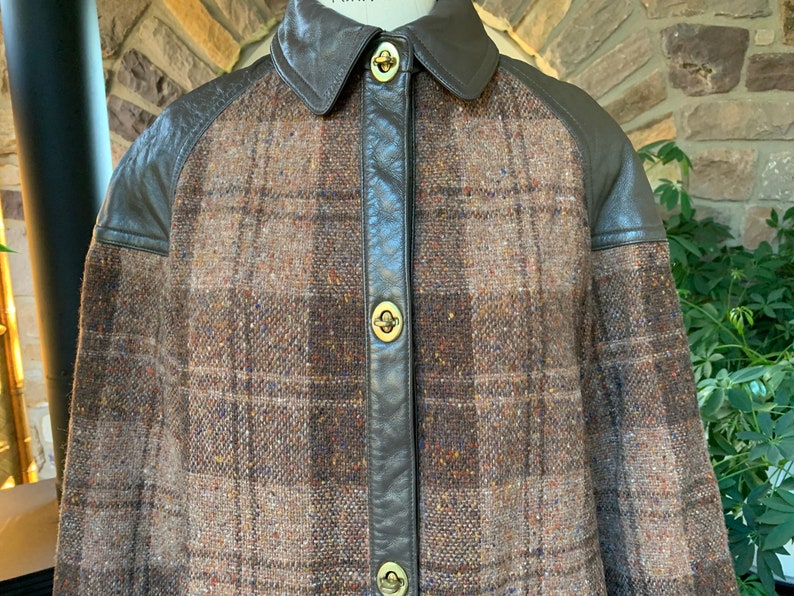 Vintage 1970s Donegal Wool Tweed Brown Plaid and Faux Leather Plaid Coat Made in Ireland image 2