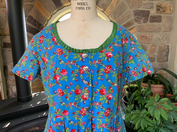 Vintage 1970s Blue and Pink Floral Cotton Summer … - image 2