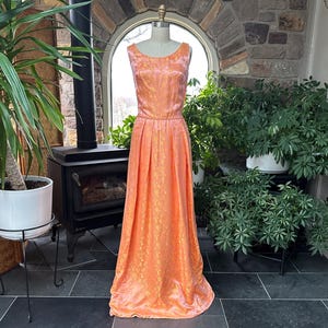 Vintage Peach and Embossed Metallic Gold Mother of the Bride Dress, Vintage Pink and Gold Brocade Dress, Vintage New Years Eve Gown