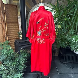 Vintage Red Silk Embroidered Floral and Birds Asian Kimono Wrap Robe, Vintage Embroidered Chrysanthemum Design Made in China