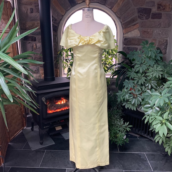 Vintage 1970s Yellow Satin Off Shoulder Prom Dress, Seventies Yellow Satin Bridesmaid Dress, Vintage Summer Formal Gown