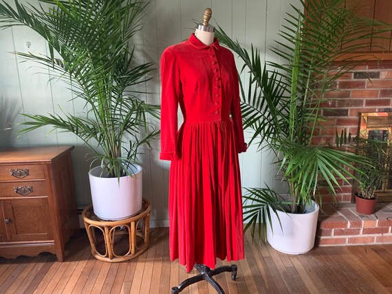 Vintage 1950s Red Cotton Velvet Full Skirt Button Bodice Long Sleeve Dress Vintage 1950s Red Cotton Velvet Full Skirt Button Bodice Long Sleeve Dress