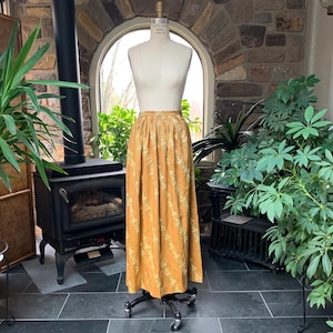Vintage Embroidered Silk Hostess Skirt, Vintage Golden Silk with Green Beige Floral Embroidery Full Length Maxi Skirt