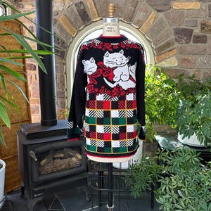 Vintage 1990s Novelty Print Kitty Cat Print Pullover Sweater Black White Metallic Red and Gold JJ Browne, Vintage 80s Novelty Print Sweater