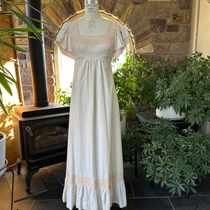 Vintage 1970s Bohemian Cotton Muslin and Lace Peasant Dress, Vintage Seventies Boho Peasant Dress