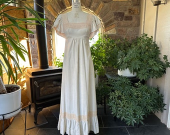 Vintage 1970s Bohemian Cotton Muslin and Lace Peasant Dress, Vintage Seventies Boho Peasant Dress