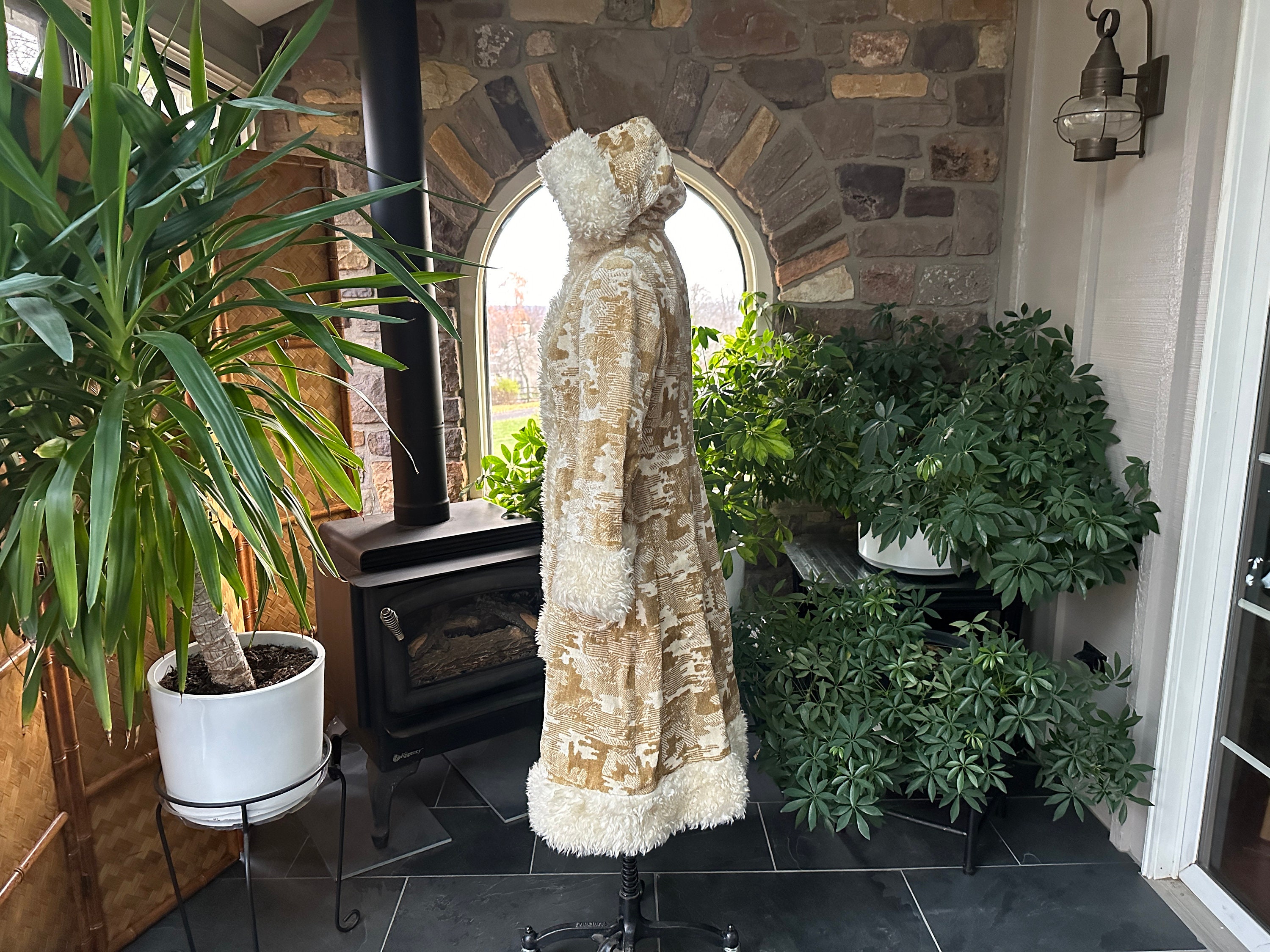 Vintage 1960s Tan and Ivory Tapestry and Faux Fur Penny Lane Coat