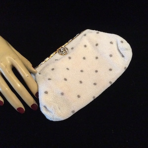 Vintage 1960s White and Gray Beaded Purse Polka Dot Flower Beads E Grillot Handmade in France, Vintage Beaded Bag, Beaded Handbag