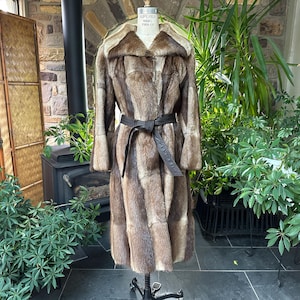 Vintage Muskrat Midi Length Leather Belted Fur Coat Mob Boss Wife Fur Coat