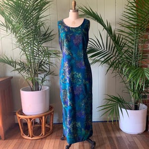 Vintage 1990s Blue Teal Yellow Floral Print Maxi Dress Back Tie R & K Originals, Vintage Nineties Shift Dress