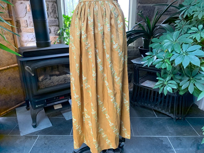 Vintage Golden Silk with Green Beige Floral Embroidery Full Length Maxi Skirt Embroidered Silk Hostess Skirt