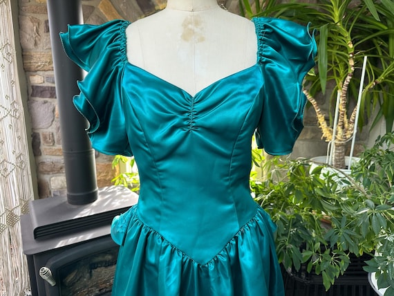 Vintage 1980s Teal Blue Satin and Lace Party Dress - Etsy