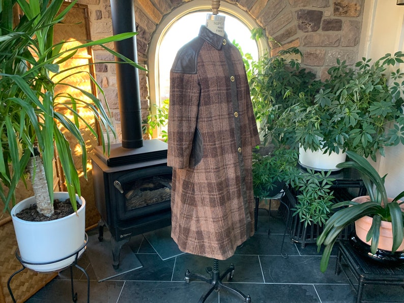 Vintage 1970s Donegal Wool Tweed Brown Plaid and Faux Leather Plaid Coat Made in Ireland image 8