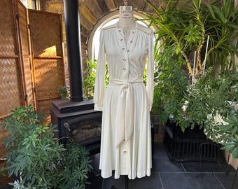 Vintage 1970s Ivory and Beige Button Front Knit Dress Alison Ayers by E Eysen