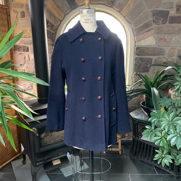 Vintage 1970s Mackintosh Authentic Navy Blue Wool Peacoat Jacket Leather Wrap Buttons, Blue Wool Pea Coat Union, Wool Double Breasted Coat