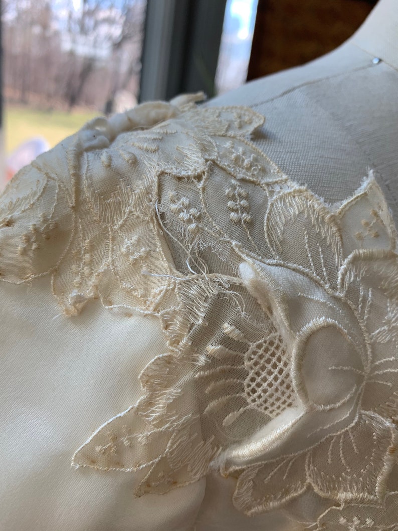 60’s Ivory Sheer Silk Organza Embroidered Wedding Dress