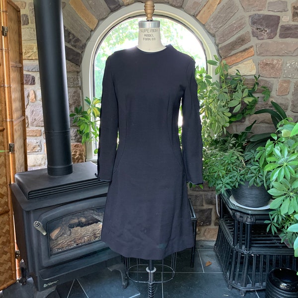 Vintage 1960s Black Polyester and Wool Knit Knee Length Dress Open Design Sleeves Bleeker Street, Sixties Long Sleeve Knit Dress