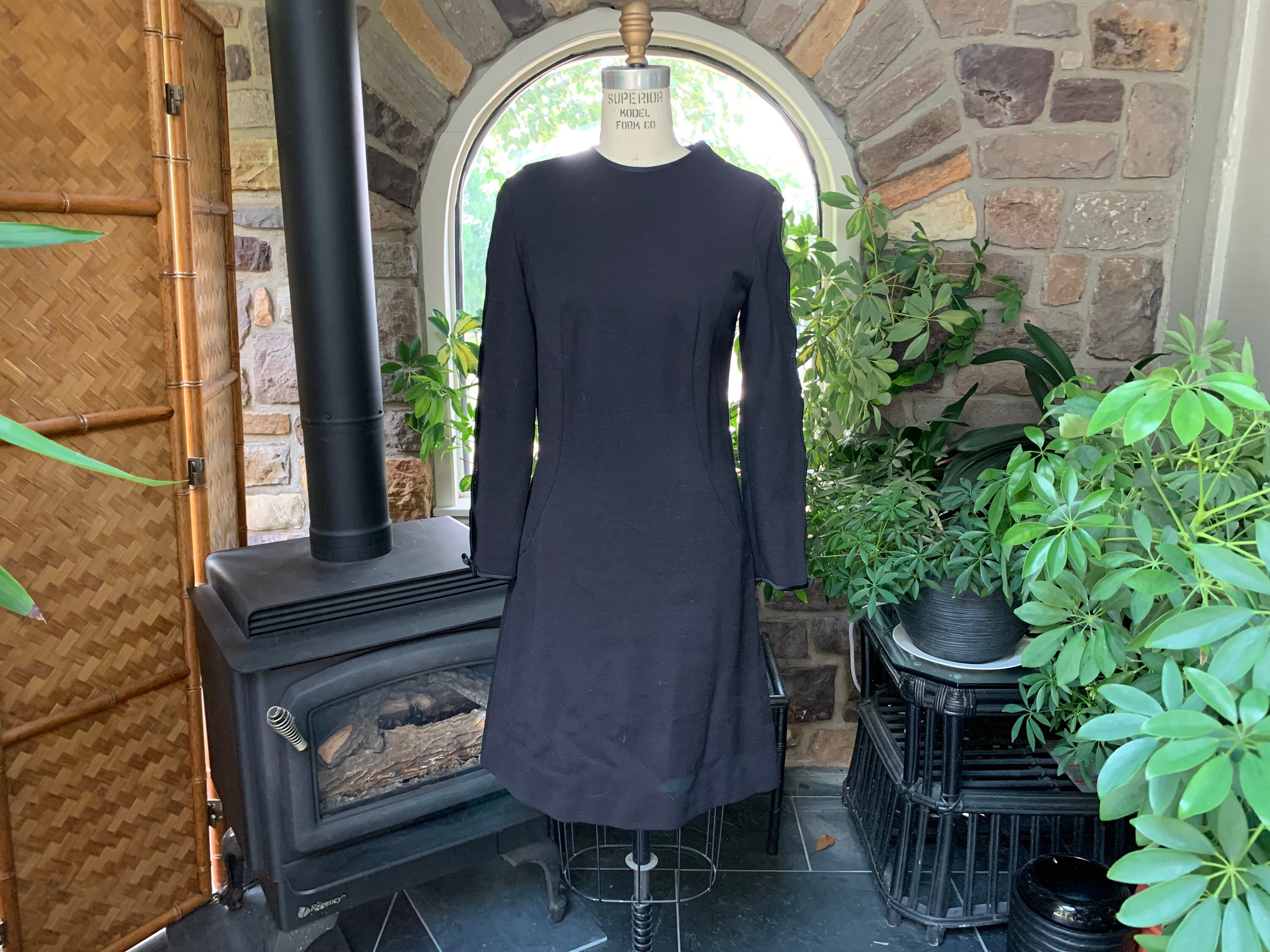 Vintage 1960s Black Polyester and Wool Knit Knee Length Dress Open Design Sleeves Bleeker Street, Sixties Long Sleeve Knit Dress