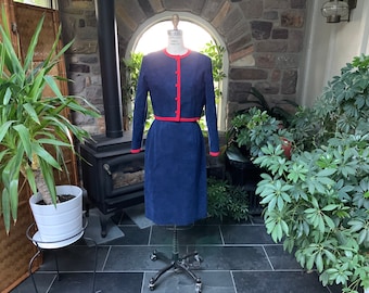 Vintage 1980s Blue with Red Trim Ultra Suede Jacket and Skirt Suit Jerry's Ithan PA, Ultra Suede Fashion, Vintage Crop Jacket with Skirt