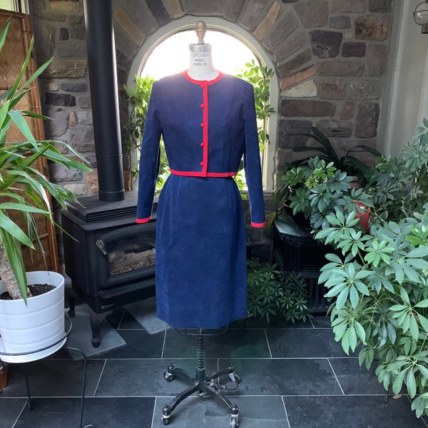 Vintage 1980s Blue with Red Trim Ultra Suede Jacket and Skirt Suit Jerry's Ithan PA, Ultra Suede Fashion, Vintage Crop Jacket with Skirt