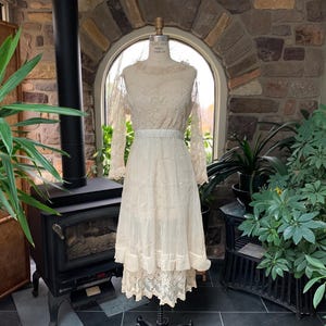 Antique Edwardian Tambour Net Lace Wedding Dress, Antique Decorative Net Lace Dress, Antique Cotton Net Lace Dress