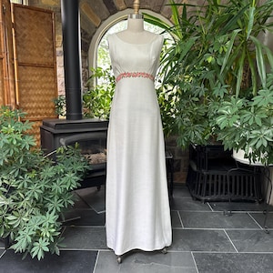 Vintage 1960s White and Pink Floral Applique Lace Maxi Dress, Ivory Formal Special Occasion Lace Bridesmaid Prom Dress