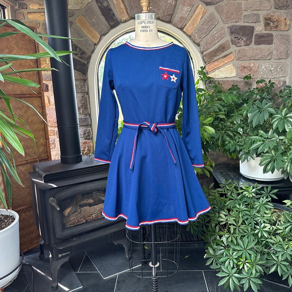 Vintage 1970s Navy Blue Red and White Double Knit Patriotic Mini Dress Sears Jr Bazaar Deadstock, Vintage Seventies Clothing