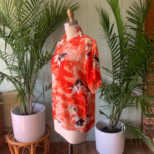 Vintage 1940s Men's Orange and Ivory shops Rayon Koi Fish Print Shirt Made in Japan, Vintage Japanese Koi Fish Rayon Crepe Hawaiian Shirt