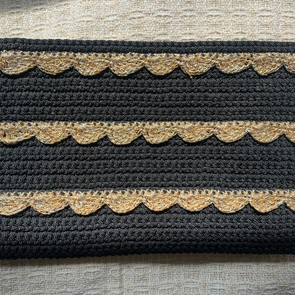 Vintage 1940s Black and Metallic Gold Cord Crocheted Clutch Handbag Zipper Top, Vintage Cord Purse Pocketbook Handbag