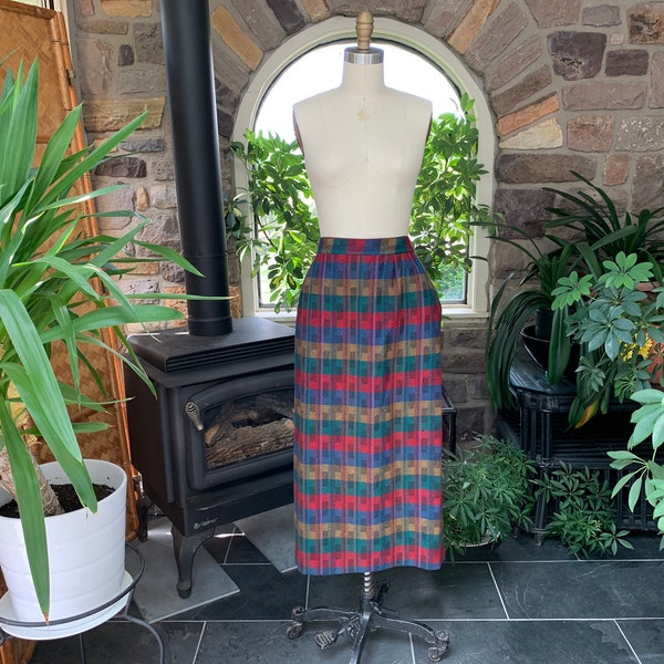 Vintage 1980s Dark Red Blue Yellow Green Plaid Wool Skirt, Vintage Clothing, Vintage Below the Knee Plaid Skirt