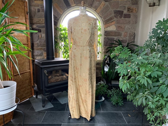 Vintage 1970s Gold Embossed Silk Asian Dress, Vint